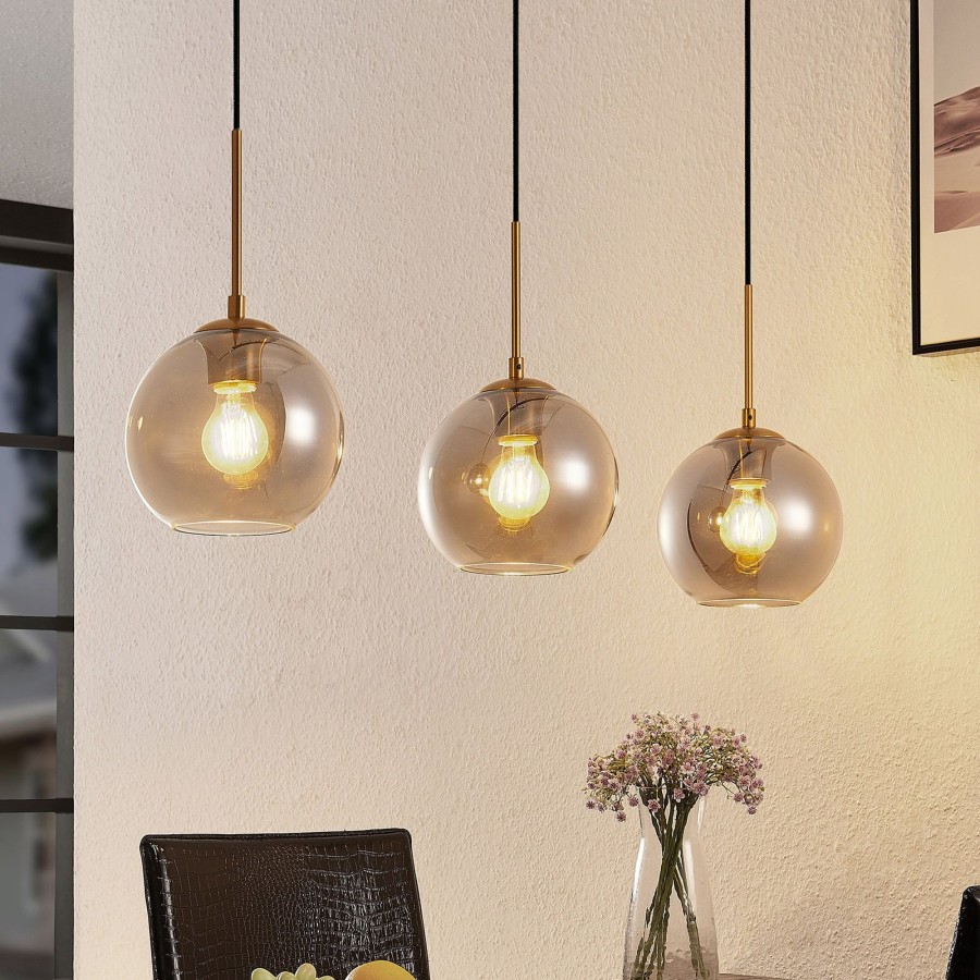 Lampes D'Interieur Lindby | Lindby Hiwana Suspension, 3 Spheres En Verre Fume Gris Fumee, Laiton, Noir