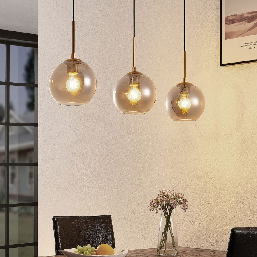 Lampes D'Interieur Lindby | Lindby Hiwana Suspension, 3 Spheres En Verre Fume Gris Fumee, Laiton, Noir