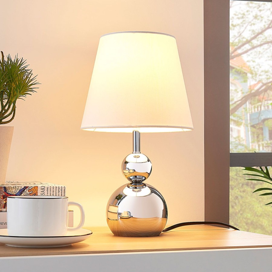 Lampes D'Interieur Lindby | Lampe A Poser En Tissu Blanc Andor, Pied Chrome Blanc, Chrome