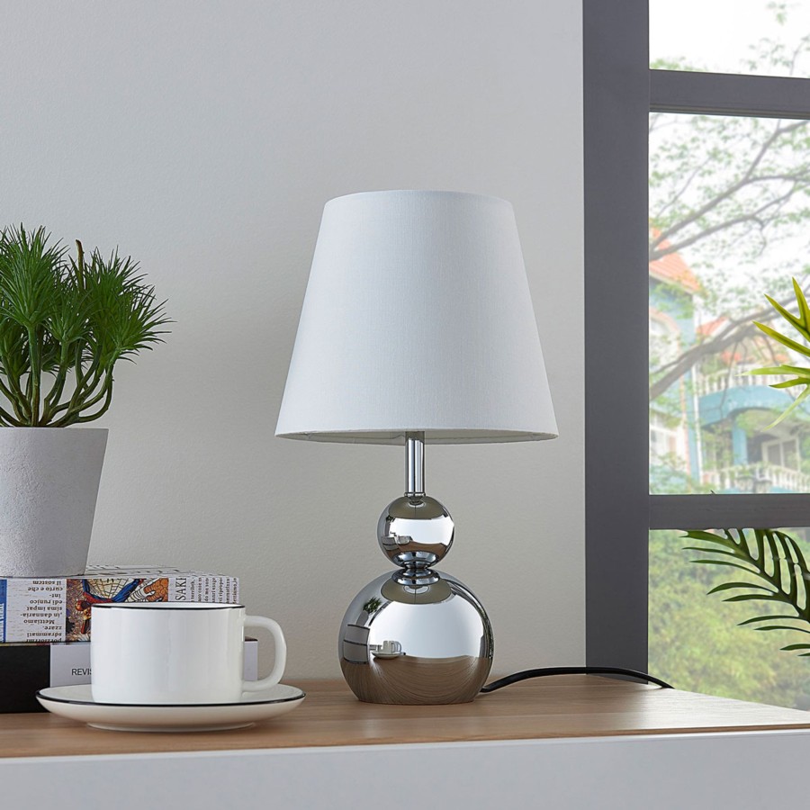 Lampes D'Interieur Lindby | Lampe A Poser En Tissu Blanc Andor, Pied Chrome Blanc, Chrome