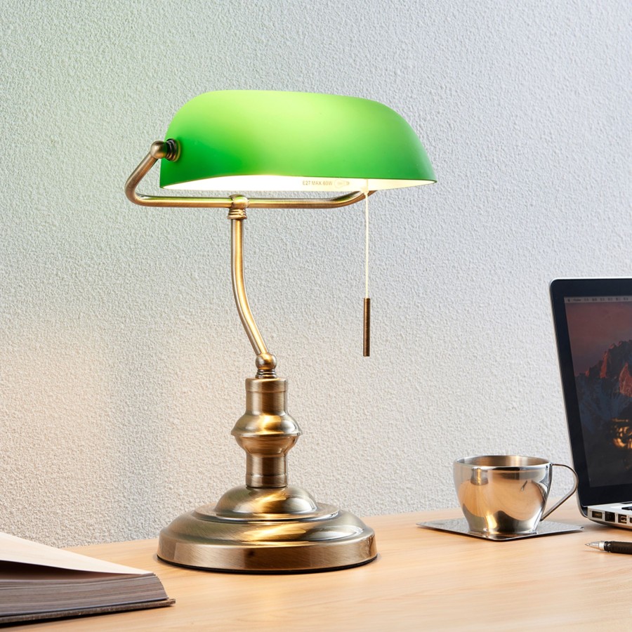 Lampes D'Interieur Lindby | Milenka - Lampe De Bureau Avec Abat-Jour Vert Laiton Ancien, Vert