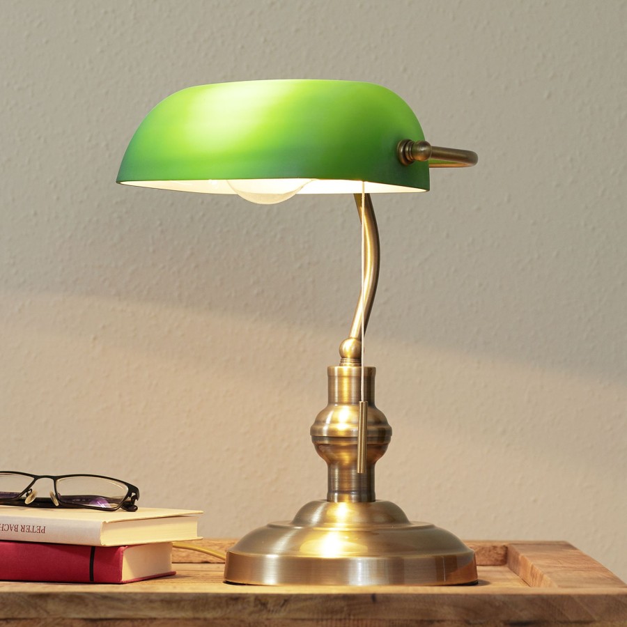 Lampes D'Interieur Lindby | Milenka - Lampe De Bureau Avec Abat-Jour Vert Laiton Ancien, Vert