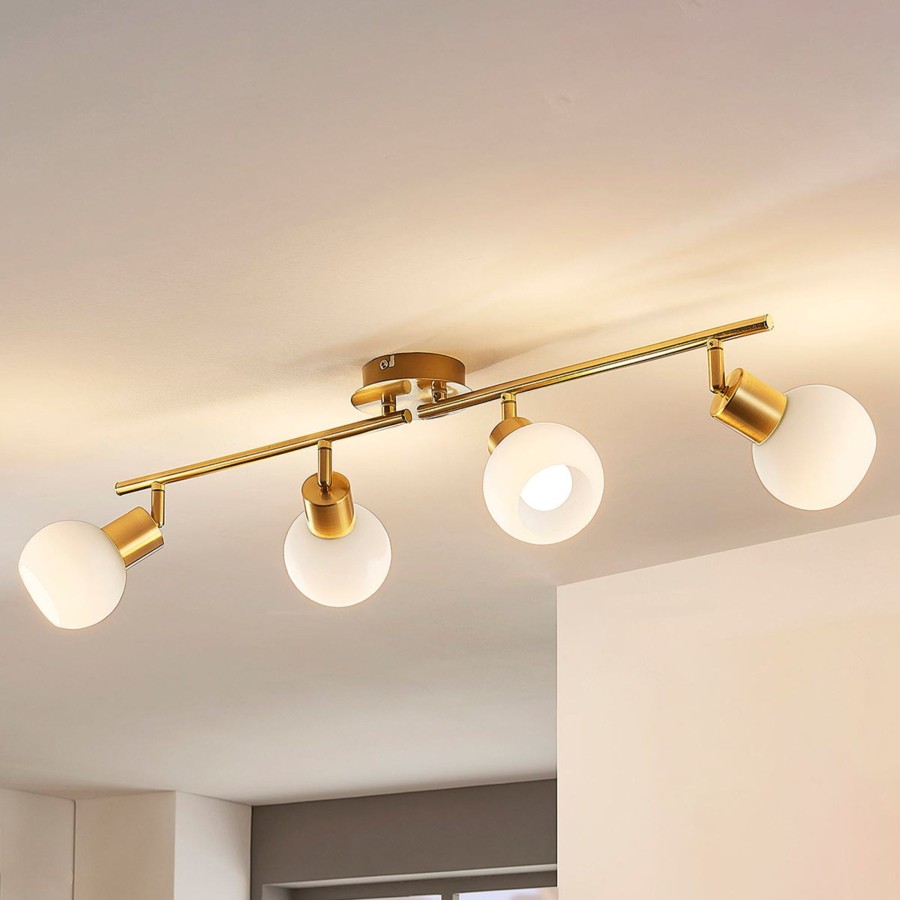 Lampes D'Interieur Lindby | Plafonnier Elaina A 4 Lampes, Laiton Laiton, Blanc Opale