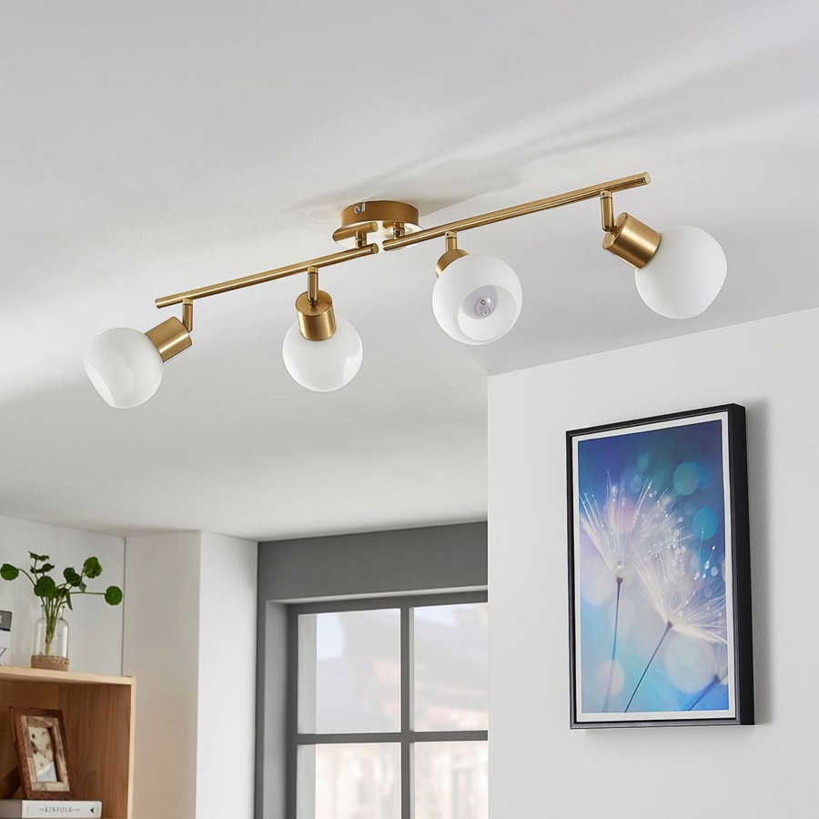 Lampes D'Interieur Lindby | Plafonnier Elaina A 4 Lampes, Laiton Laiton, Blanc Opale