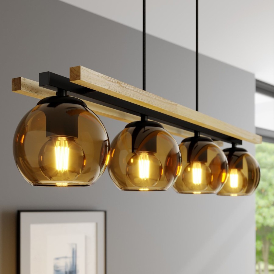 Lampes D'Interieur Lindby | Lindby Enrique Suspension Lineaire, Ambre Ambre, Noir, Chene Clair