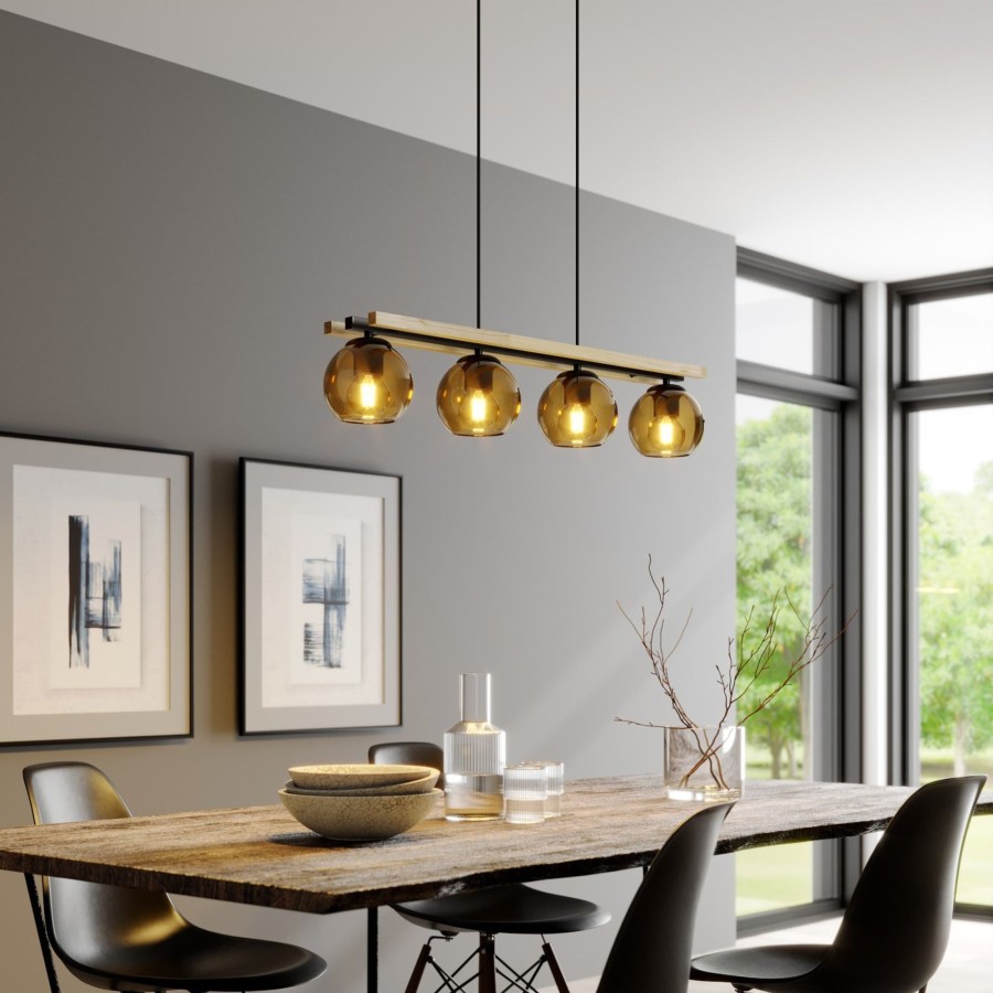Lampes D'Interieur Lindby | Lindby Enrique Suspension Lineaire, Ambre Ambre, Noir, Chene Clair
