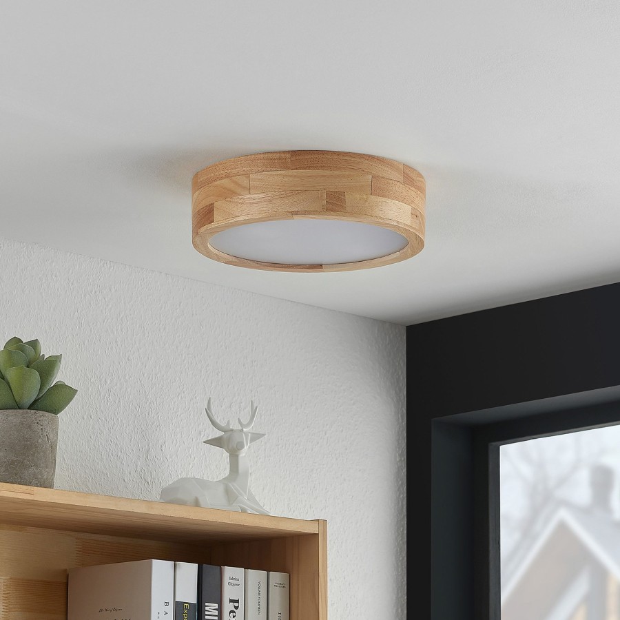 Lampes D'Interieur Lindby | Lindby Tanju Plafonnier, Chene, O 30 Cm Bois Clair, Blanc