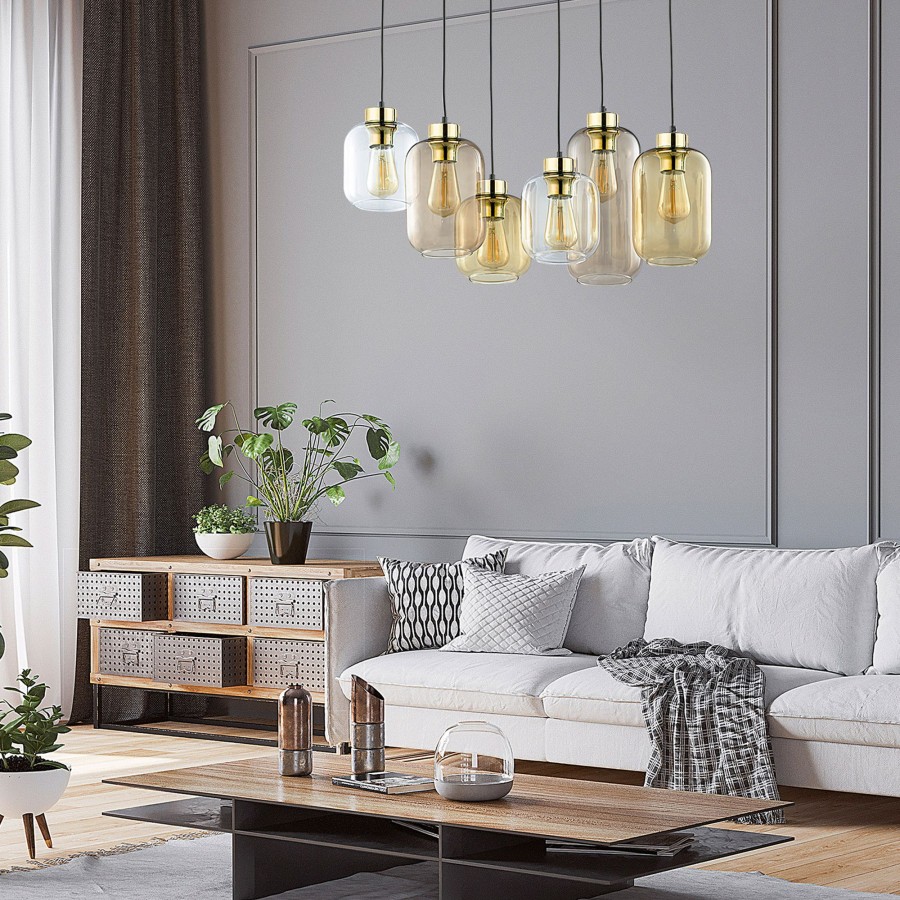 Lampes D'Interieur TK Lighting | Suspension Marco Brown 6 Lampes Transparente/Brune Noir, Transparent, Miel, Brun