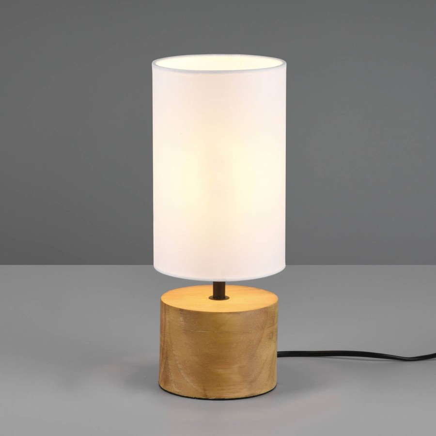 Lampes D'Interieur Reality Leuchten | Lampe A Poser Woody, Bois/Tissu, Cylindre, Blanche Blanc, Bois Clair
