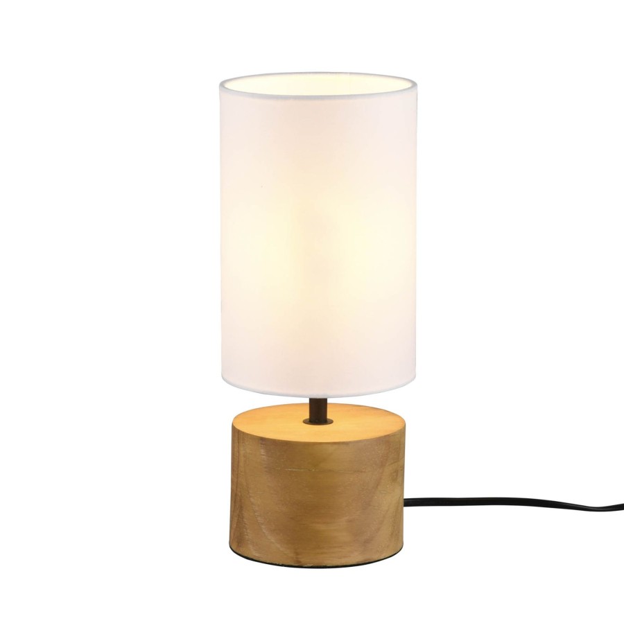 Lampes D'Interieur Reality Leuchten | Lampe A Poser Woody, Bois/Tissu, Cylindre, Blanche Blanc, Bois Clair