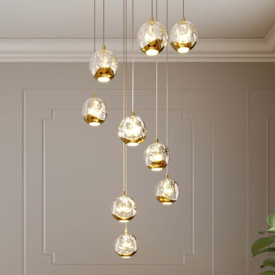 Lampes D'Interieur Lucande | Lucande Hayley Suspension Led, A 9 Lampes, Doree Transparent, Dore