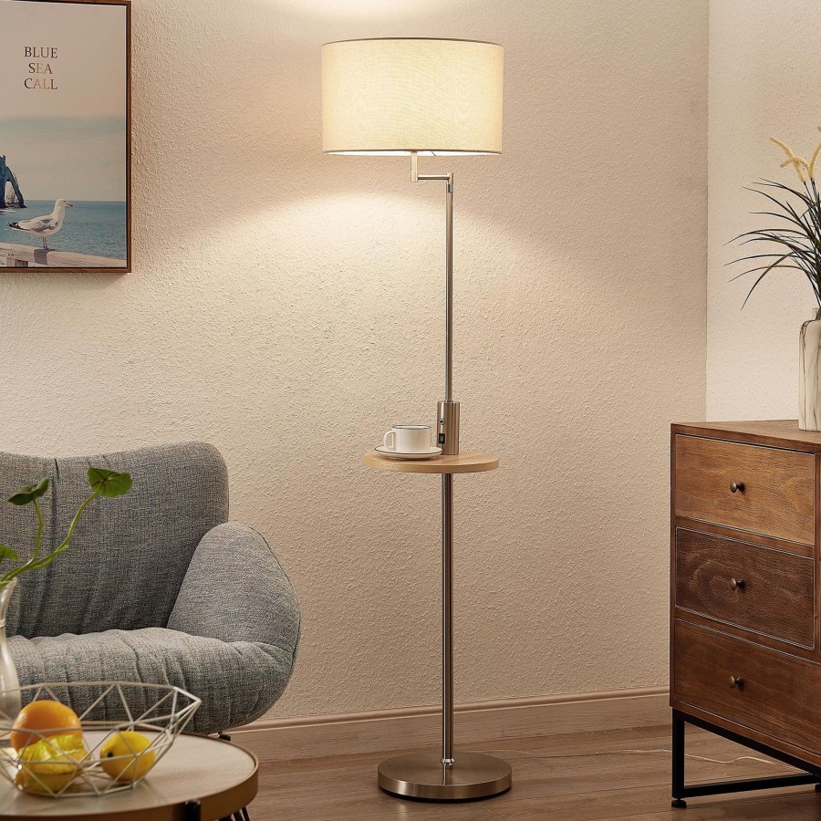 Lampes D'Interieur Lindby | Lindby Zinia Lampadaire A Tablette Et Usb, Nickel Nickel Satine, Gris Clair, Bois Clair