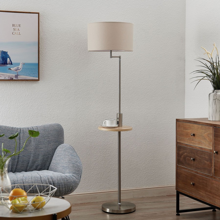 Lampes D'Interieur Lindby | Lindby Zinia Lampadaire A Tablette Et Usb, Nickel Nickel Satine, Gris Clair, Bois Clair