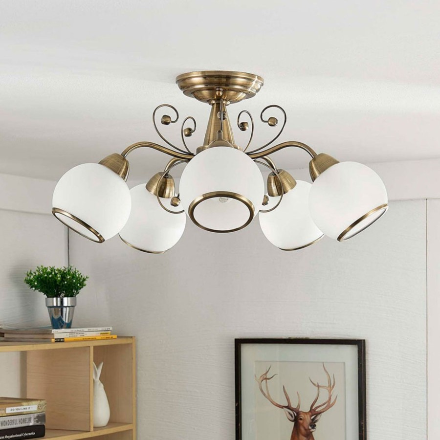 Lampes D'Interieur Lindby | Plafonnier Feerique Corentin, Laiton Ancien Blanc Satine, Laiton Ancien