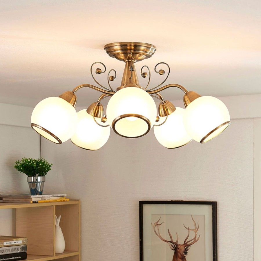 Lampes D'Interieur Lindby | Plafonnier Feerique Corentin, Laiton Ancien Blanc Satine, Laiton Ancien