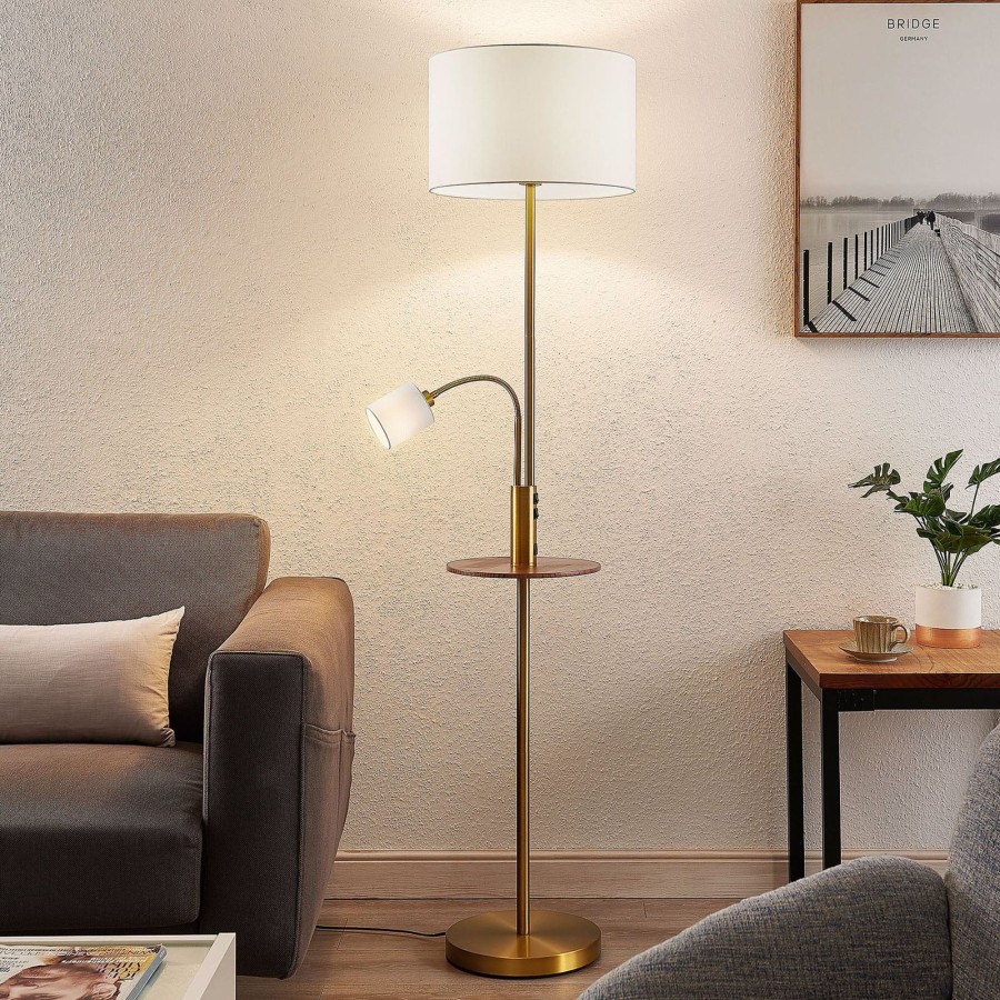 Lampes D'Interieur Lindby | Lindby Aovan Lampadaire A Tablette Et Usb, Bronze Bronze, Blanc Creme, Bois Fonce
