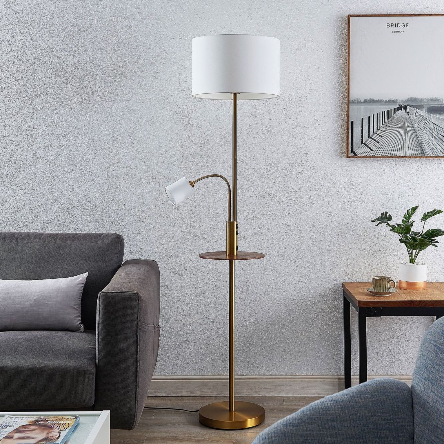Lampes D'Interieur Lindby | Lindby Aovan Lampadaire A Tablette Et Usb, Bronze Bronze, Blanc Creme, Bois Fonce