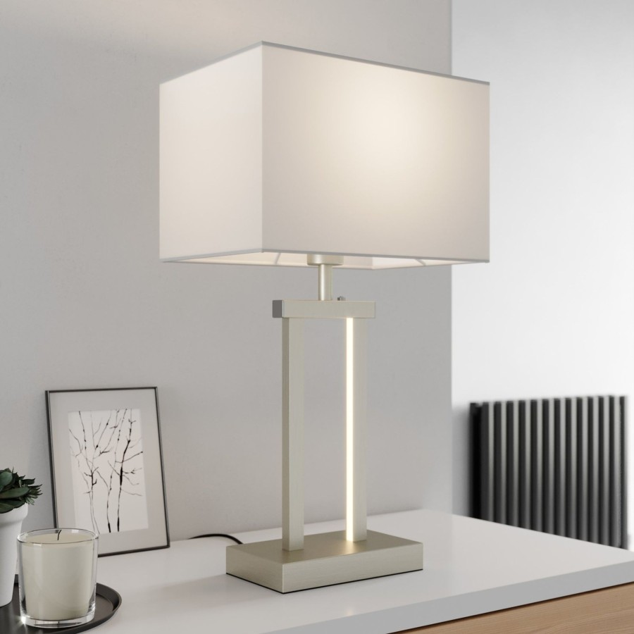 Lampes D'Interieur Lindby | Lampe A Poser Sigurd Avec Abat-Jour En Tissu Blanc, Nickel Satine