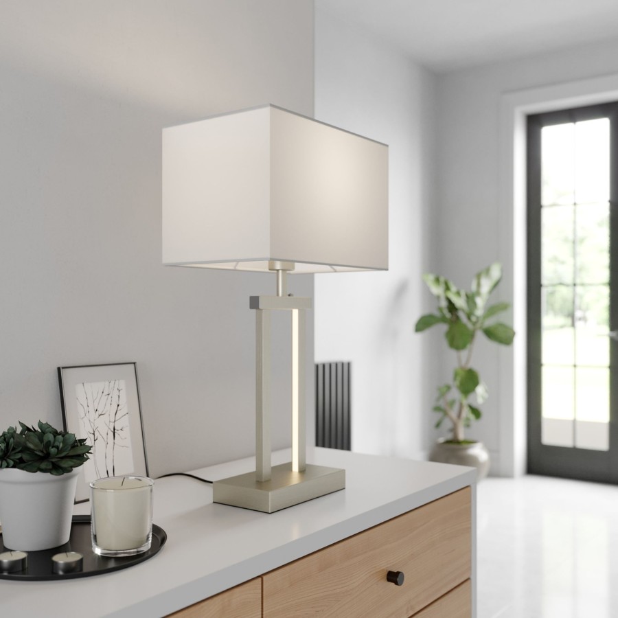 Lampes D'Interieur Lindby | Lampe A Poser Sigurd Avec Abat-Jour En Tissu Blanc, Nickel Satine
