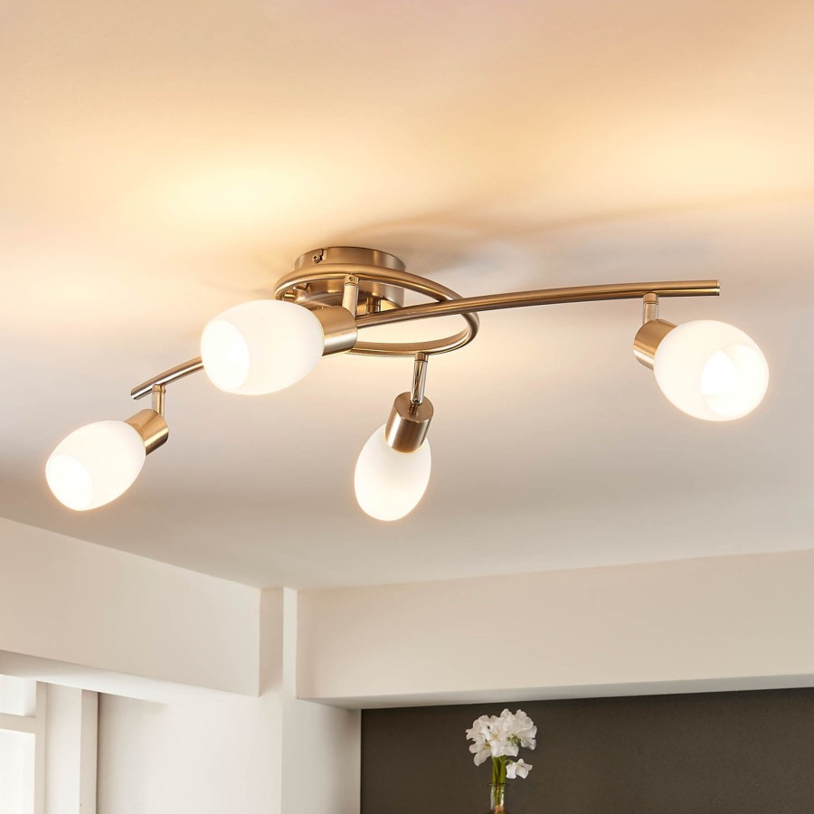 Lampes D'Interieur Lindby | Lindby Arda Spot, Verre, A Quatre Lampes 65 Cm Blanc, Nickel Satine