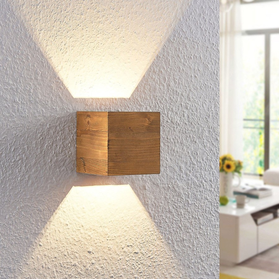Lampes D'Interieur Lindby | Lindby Benicio Applique Led Bois, Angulaire, 11 Cm Bois Clair, Nickel Ancien