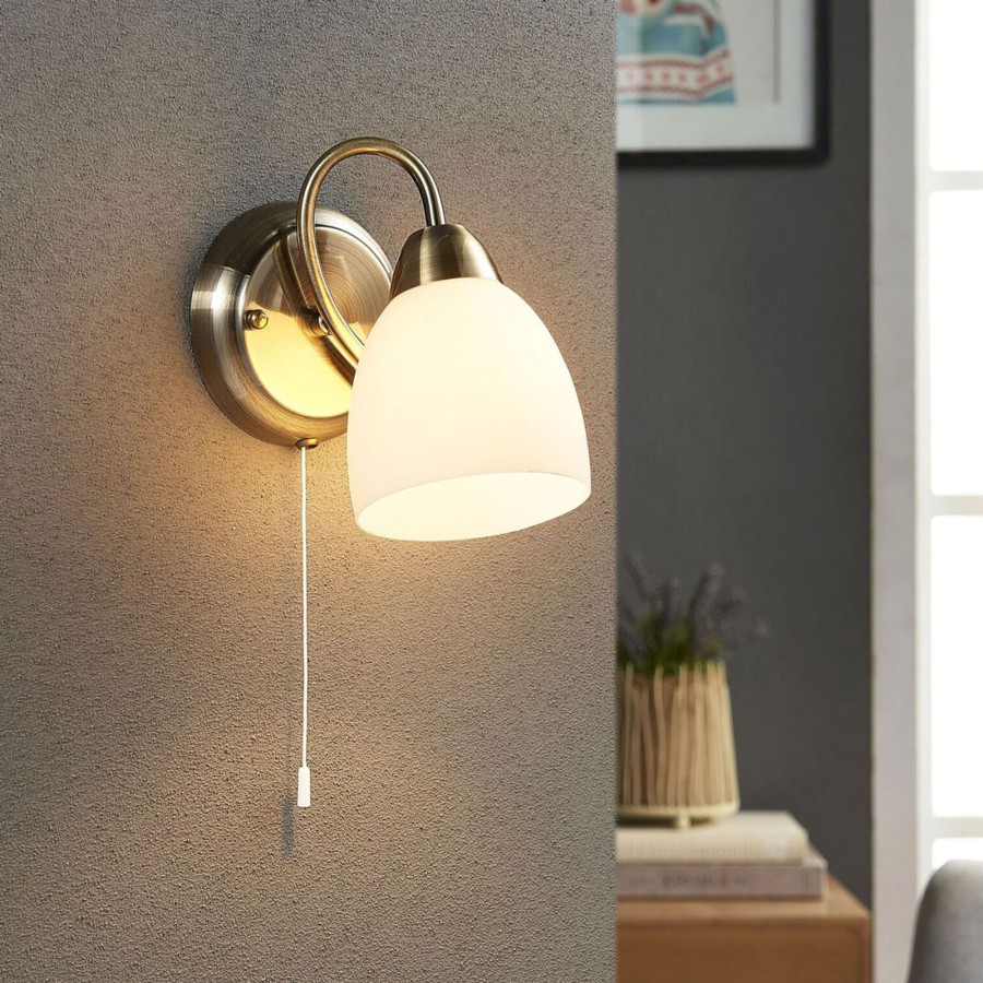 Lampes D'Interieur Lindby | Applique Mael Avec Interrupteur A Tirette Blanc, Laiton Ancien