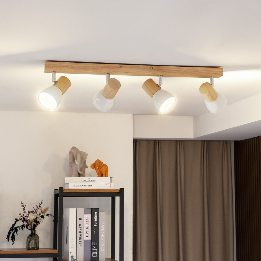Lampes D'Interieur Lindby | Plafonnier Bois Thorin Avec Abat-Jour Blancs Bois Clair, Blanc