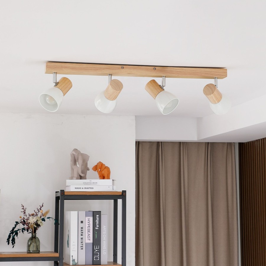 Lampes D'Interieur Lindby | Plafonnier Bois Thorin Avec Abat-Jour Blancs Bois Clair, Blanc