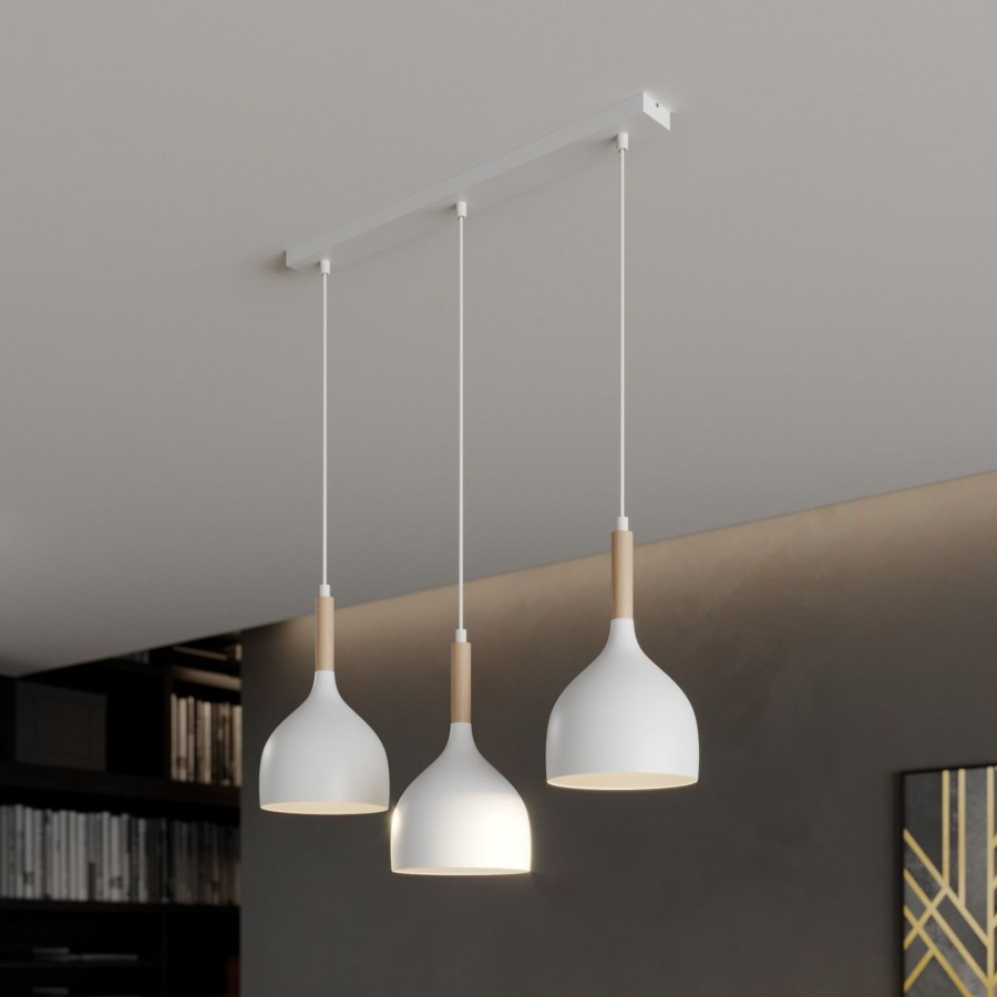 Lampes D'Interieur Luminex | Suspension Noak 3 Lampes Allongee Blanche/Bois Blanc, Bois Clair