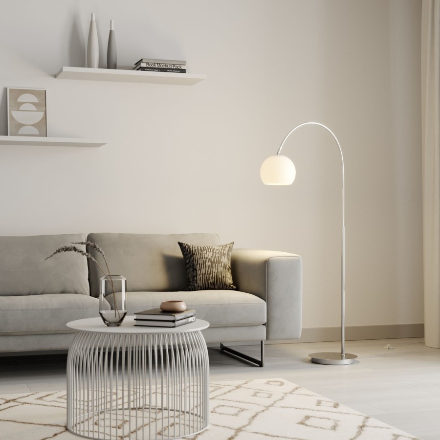 Lampes D'Interieur Lindby | Lindby Cynthia Lampadaire Arque, Verre, Nickel Mat Blanc Opale, Nickel Mat