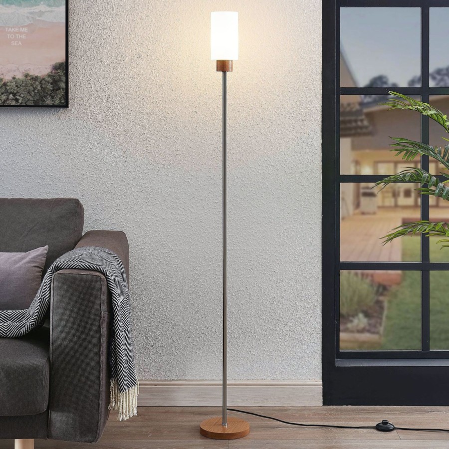 Lampes D'Interieur Lindby | Lindby Nicus Lampadaire En Bois Abat-Jour En Verre Chene Clair, Blanc Opale