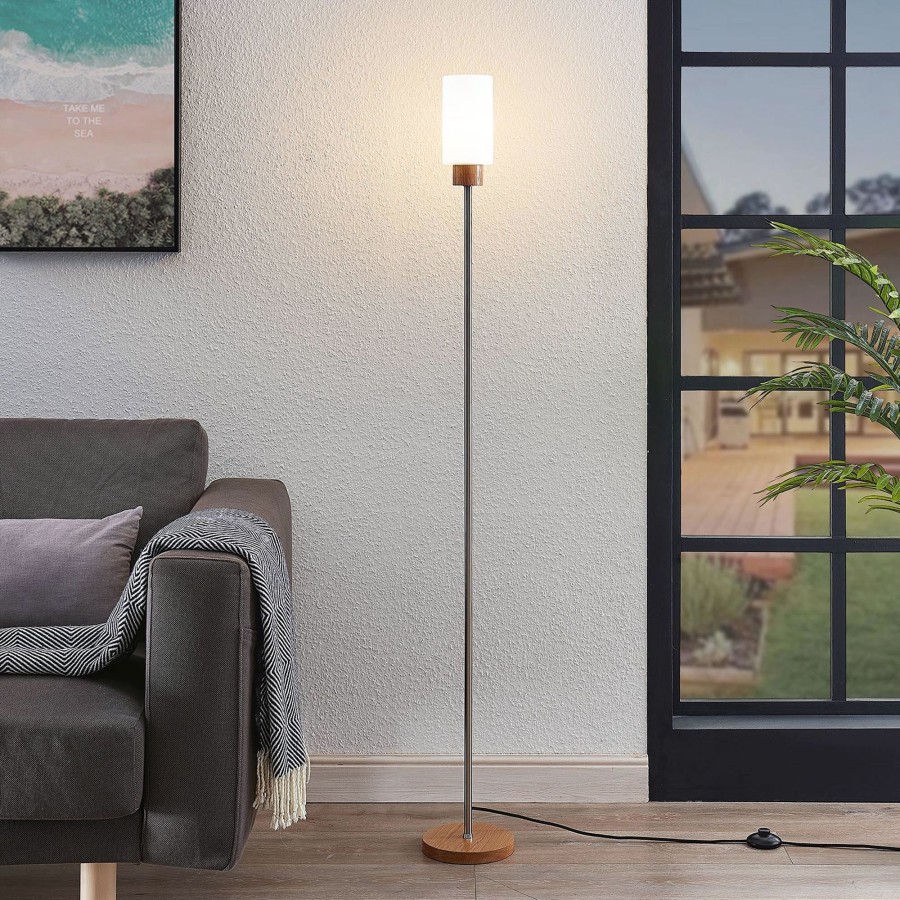Lampes D'Interieur Lindby | Lindby Nicus Lampadaire En Bois Abat-Jour En Verre Chene Clair, Blanc Opale