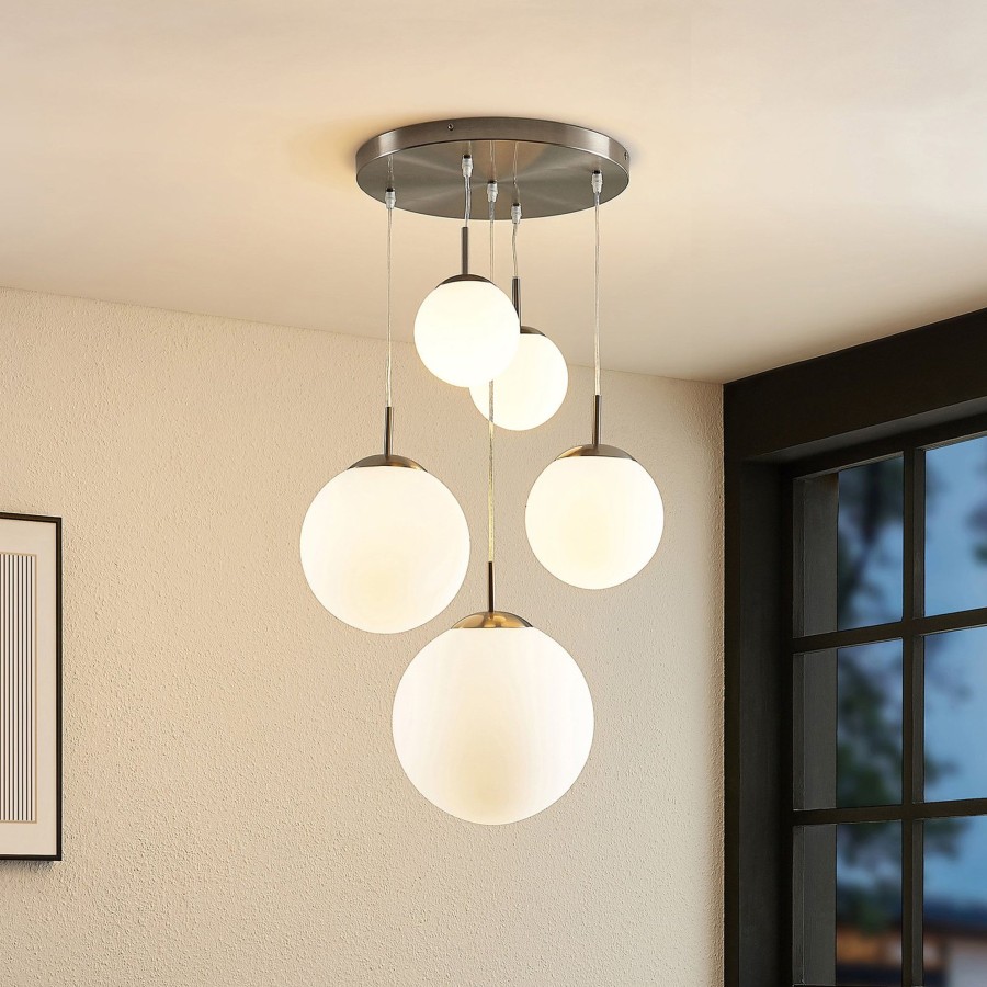 Lampes D'Interieur Lindby | Lindby Heleska Suspension, A 5 Lampes Nickel Mat, Blanc Opale