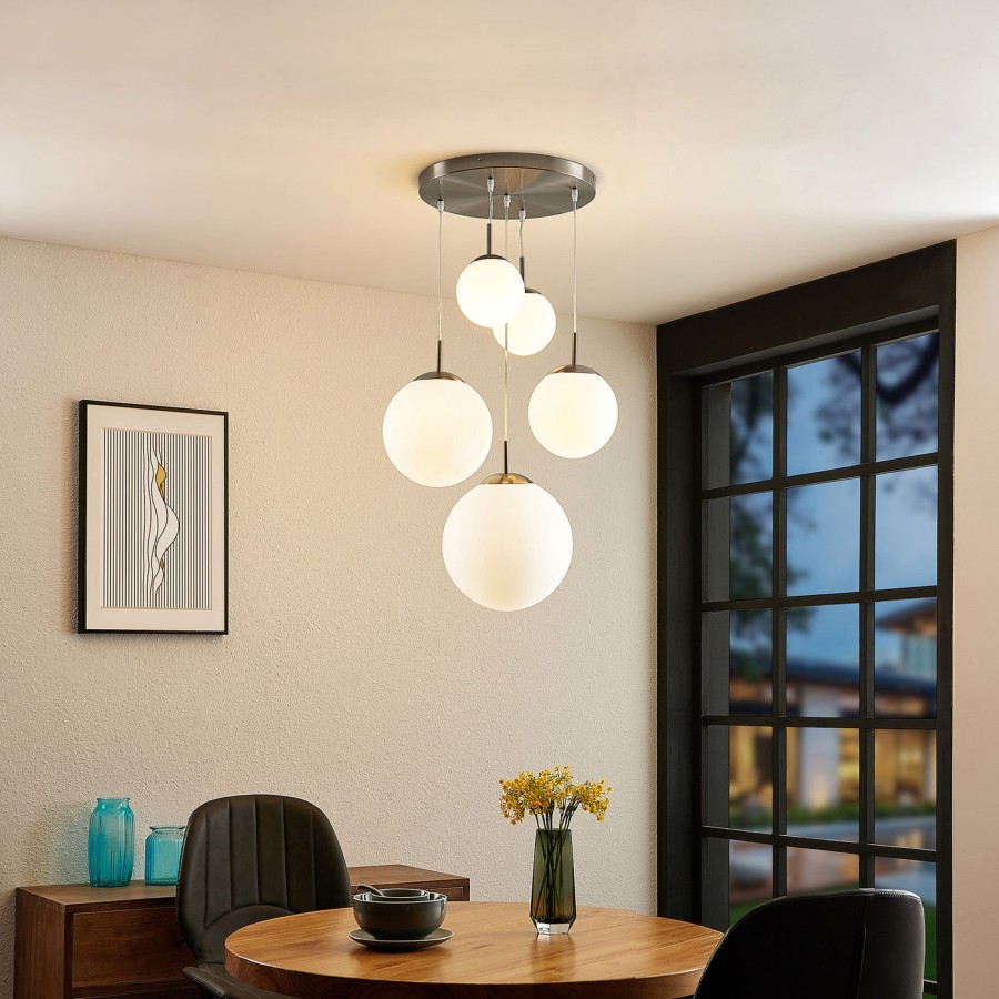 Lampes D'Interieur Lindby | Lindby Heleska Suspension, A 5 Lampes Nickel Mat, Blanc Opale