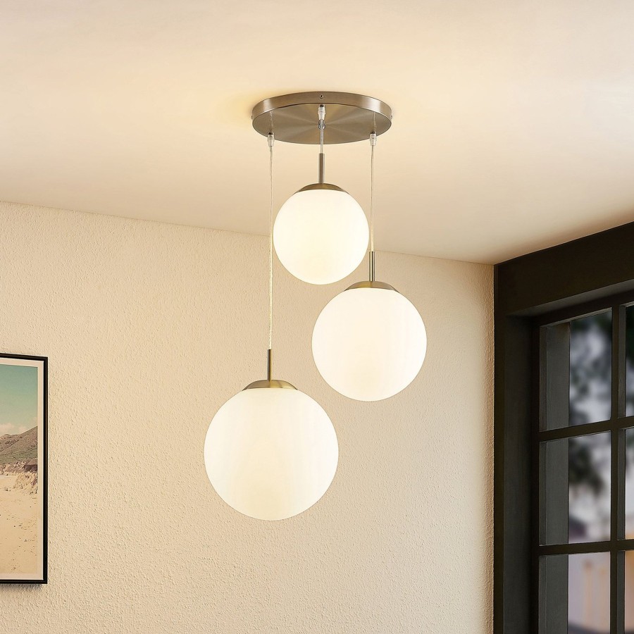 Lampes D'Interieur Lindby | Lindby Heleska Suspension Spheres Verre A 3 Lampes Nickel Mat, Blanc Opale