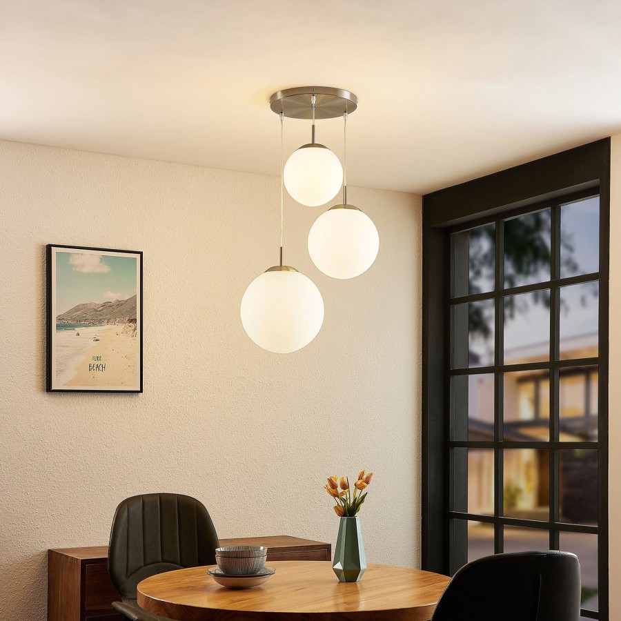 Lampes D'Interieur Lindby | Lindby Heleska Suspension Spheres Verre A 3 Lampes Nickel Mat, Blanc Opale