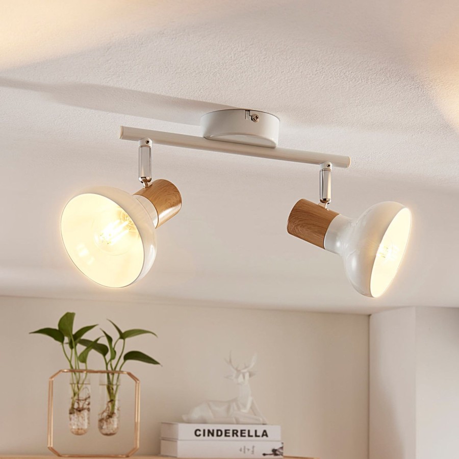 Lampes D'Interieur Lindby | Plafonnier Fridolin A 2 Lampes, Metal Blanc Blanc, Bois Clair