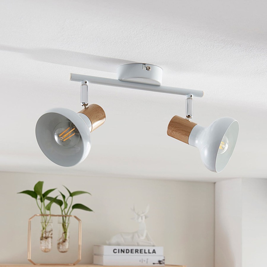 Lampes D'Interieur Lindby | Plafonnier Fridolin A 2 Lampes, Metal Blanc Blanc, Bois Clair