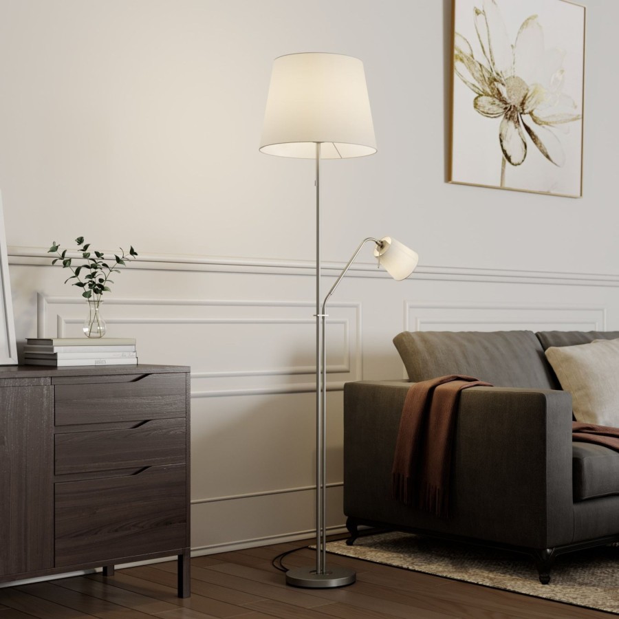 Lampes D'Interieur Lindby | Lindby Nantwin Lampadaire, Abat-Jour Tissu, Blanc Blanc, Nickel Satine