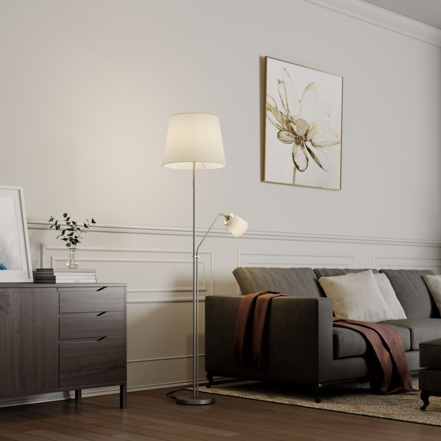 Lampes D'Interieur Lindby | Lindby Nantwin Lampadaire, Abat-Jour Tissu, Blanc Blanc, Nickel Satine