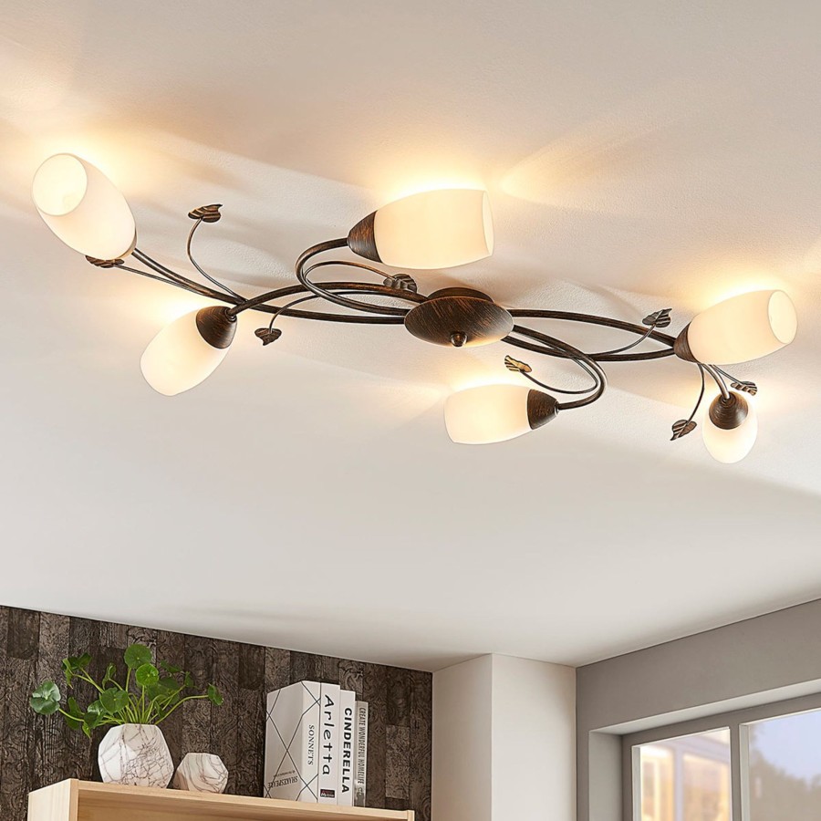 Lampes D'Interieur Lindby | Plafonnier Stefania, A Six Lampes Blanc, Noir Dore Brosse