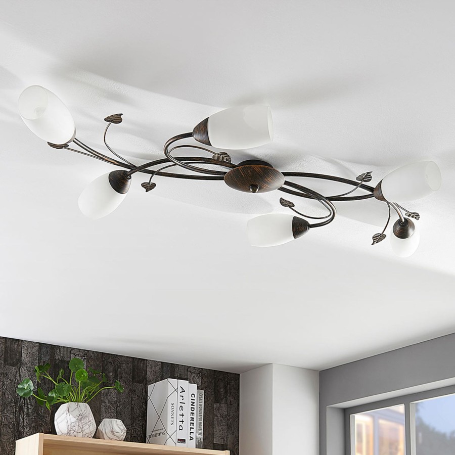 Lampes D'Interieur Lindby | Plafonnier Stefania, A Six Lampes Blanc, Noir Dore Brosse