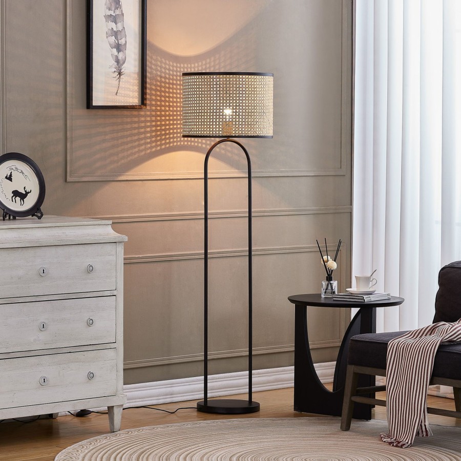 Lampes D'Interieur Lindby | Lindby Yaelle Lampe Sur Pied Metal Rotin 146 Cm Bois Clair