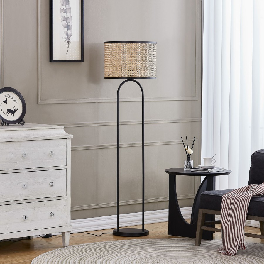 Lampes D'Interieur Lindby | Lindby Yaelle Lampe Sur Pied Metal Rotin 146 Cm Bois Clair