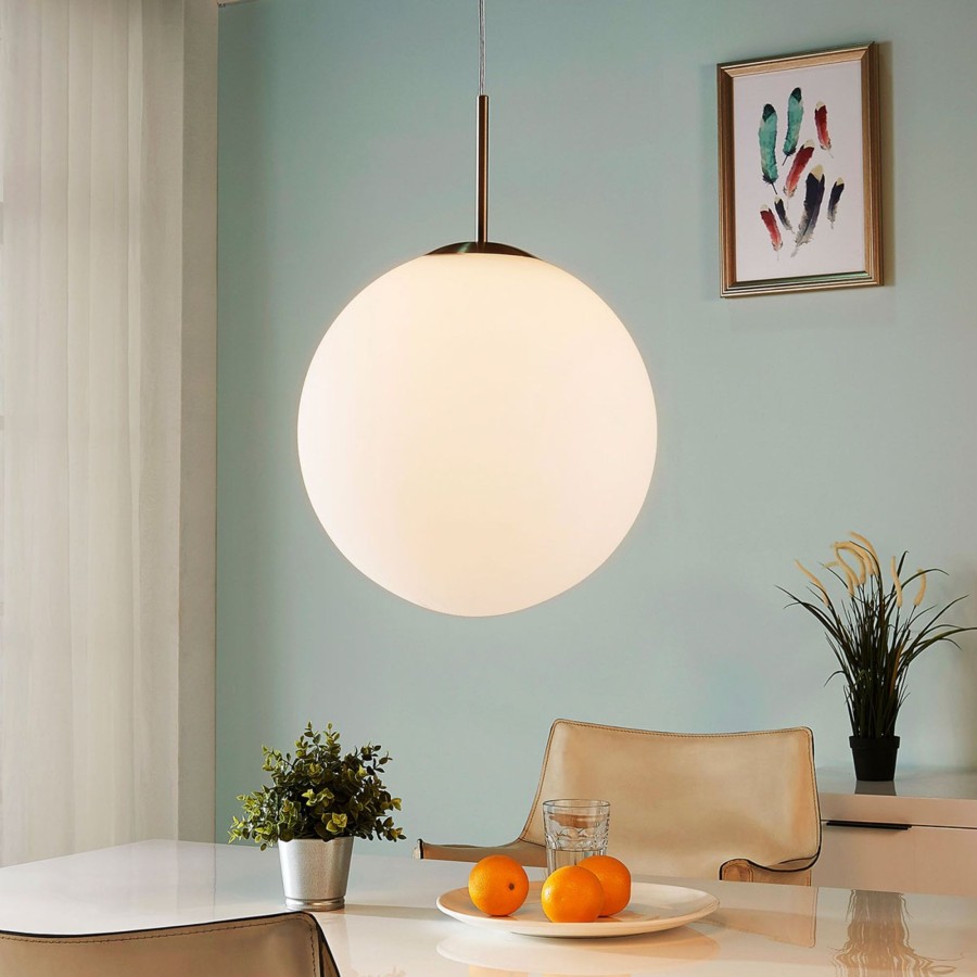 Lampes D'Interieur Lindby | Suspension Spherique Marike En Verre Opale, 35 Cm Blanc, Nickel Satine
