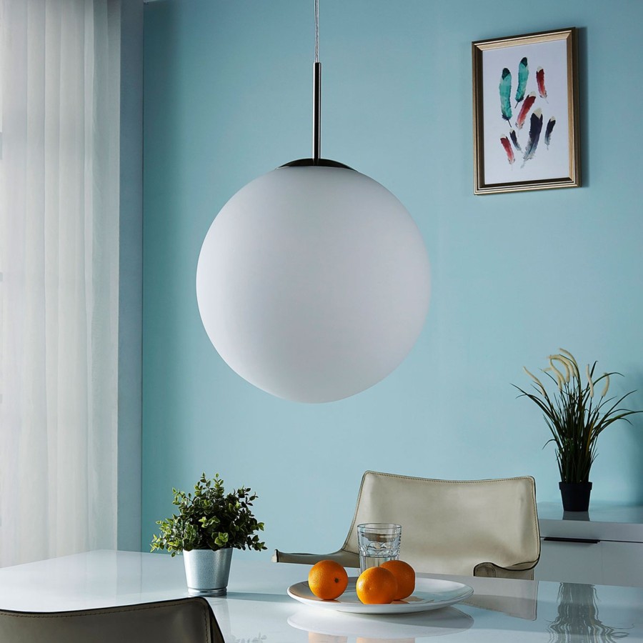 Lampes D'Interieur Lindby | Suspension Spherique Marike En Verre Opale, 35 Cm Blanc, Nickel Satine
