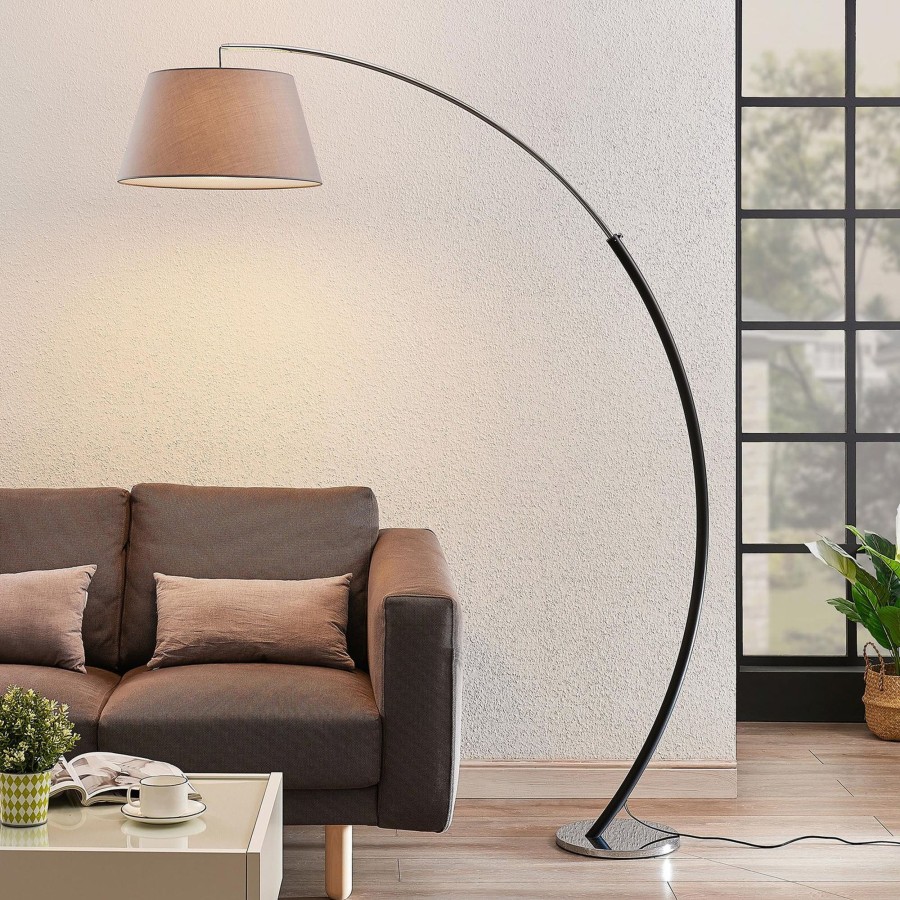 Lampes D'Interieur Lucande | Lampadaire Arque Evelyna Avec Abat-Jour En Tissu Gris, Chrome, Noir
