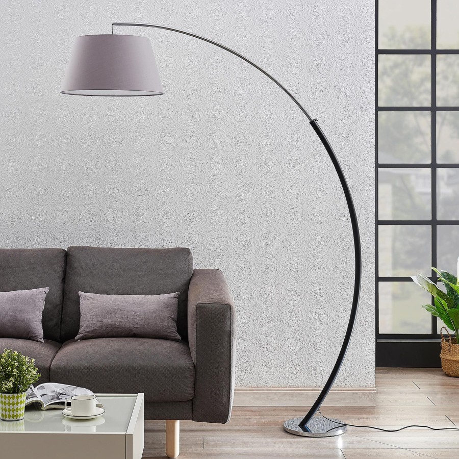 Lampes D'Interieur Lucande | Lampadaire Arque Evelyna Avec Abat-Jour En Tissu Gris, Chrome, Noir