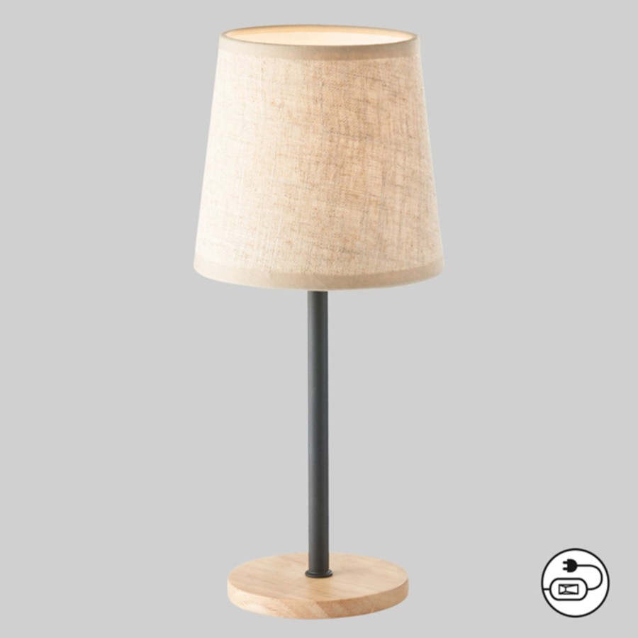 Lampes D'Interieur FH Lighting | Lampe A Poser Eve Abat-Jour Lin Noir/Chene Naturel Noir, Chene Naturel
