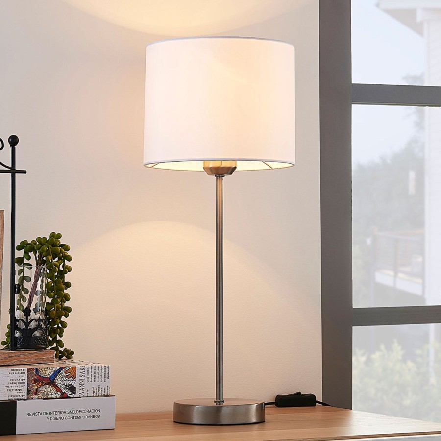 Lampes D'Interieur Lindby | Lampe A Poser Blanche Annatina En Tissu Blanc, Nickel Satine